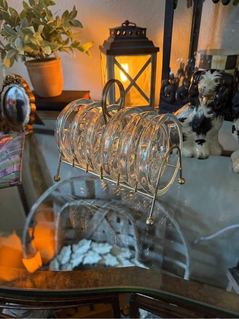 Vintage Mid‑Century Modern Glass Coasters & Brass Caddy – Fleur‑de‑Lis Set of 6